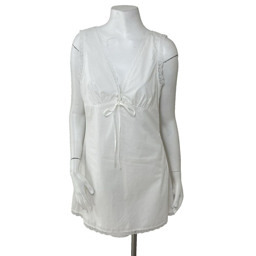 Forever 21 Milkmaid Tie Front Mini Dress L White Cotton Lace Trim Cottage Resort